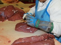 Das Foto zeigt einen Menschen, der in der Fleischindustrie arbeitet.