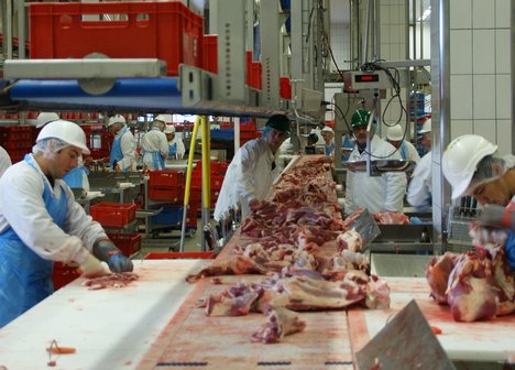 Das Foto zur Pressemitteilung der Linken NRW zu Billigfleisch-Produktion in Coesfeld und Corona zeigt Arbeiter an einem Fließband in einem Zerlegebetrieb.