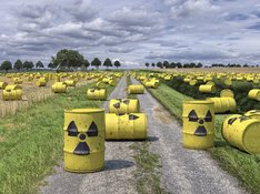 Das Foto zeigt gelbe Fässer mit einem Warnzeichen für atomare Strahlung, die auf einem Feld vrerteilt sind. 