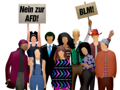 Die Grafik zum Thema "Protest gegen die AFD" zeigt eine Gruppe von Menschen verschiedenen Alters, Geschlechts und mit verschiedenen Hautfarben, welche Schilder hochhalten.