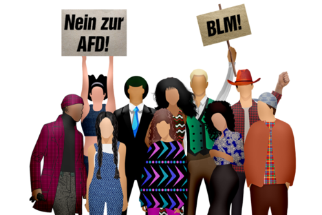 Die Grafik zum Thema "Protest gegen die AFD" zeigt eine Gruppe von Menschen verschiedenen Alters, Geschlechts und mit verschiedenen Hautfarben, welche Schilder hochhalten.