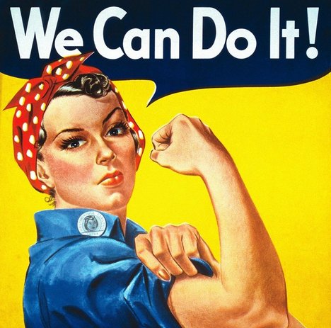 Das Foto zur Pressemitteilung der Linken NRW zum Internationalen Frauentag zeigt ein bekanntes Poster, auf dem eine Frau abgebildet ist, die ihren Bizept zeigt, über ihr steht: We can do it!