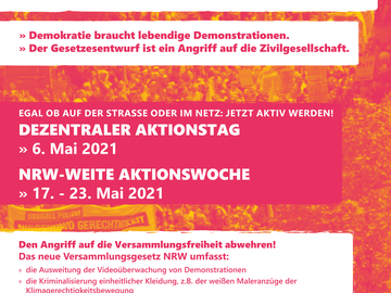 Das Bild ist ein Plakat des Bündnisses "Versammlungsgesetz NRW stoppen", auf dessen Website man gelangt, wenn man auf das Bildelement klickt.
