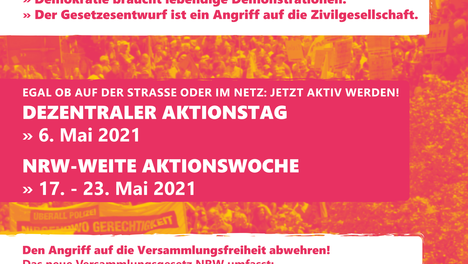 Das Bild ist ein Plakat des Bündnisses "Versammlungsgesetz NRW stoppen", auf dessen Website man gelangt, wenn man auf das Bildelement klickt.