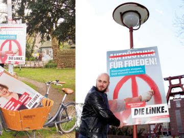 Das Foto zeigt Carolin Butterwegge und Jules El-Khatib beim Anbringen von Plakaten für die Partei DIE LINKE für den Landtagswahlkampf. 